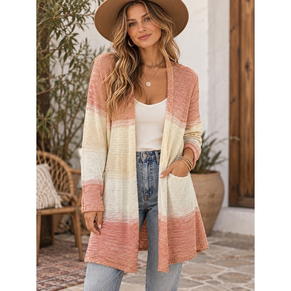 John Paul Richard Women's Small Orange Peach Cream Open Front Knit Cardigan Boho